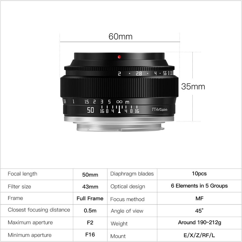 TTArtisan 50mm f2 Full Frame Manual Focus Camera Lens for E-Mount A7 A7II A7III A7R A7RII A7RIII(A7RM3) A7RIV(A7RM4) A7RV A7S A7SII(A7SM2) A7SIII(A7SM3) A7C A9 A1 A5100 A6000 A6100 A6300 A6700 - Image 5